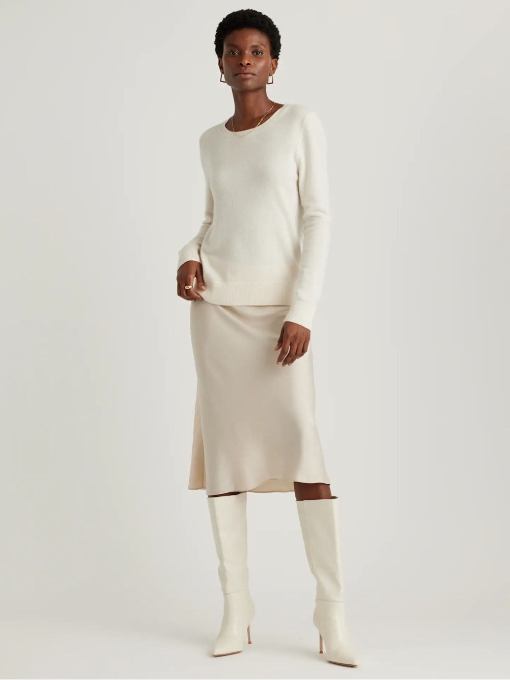 Quince Cream Champagne Silk Midi Skirt